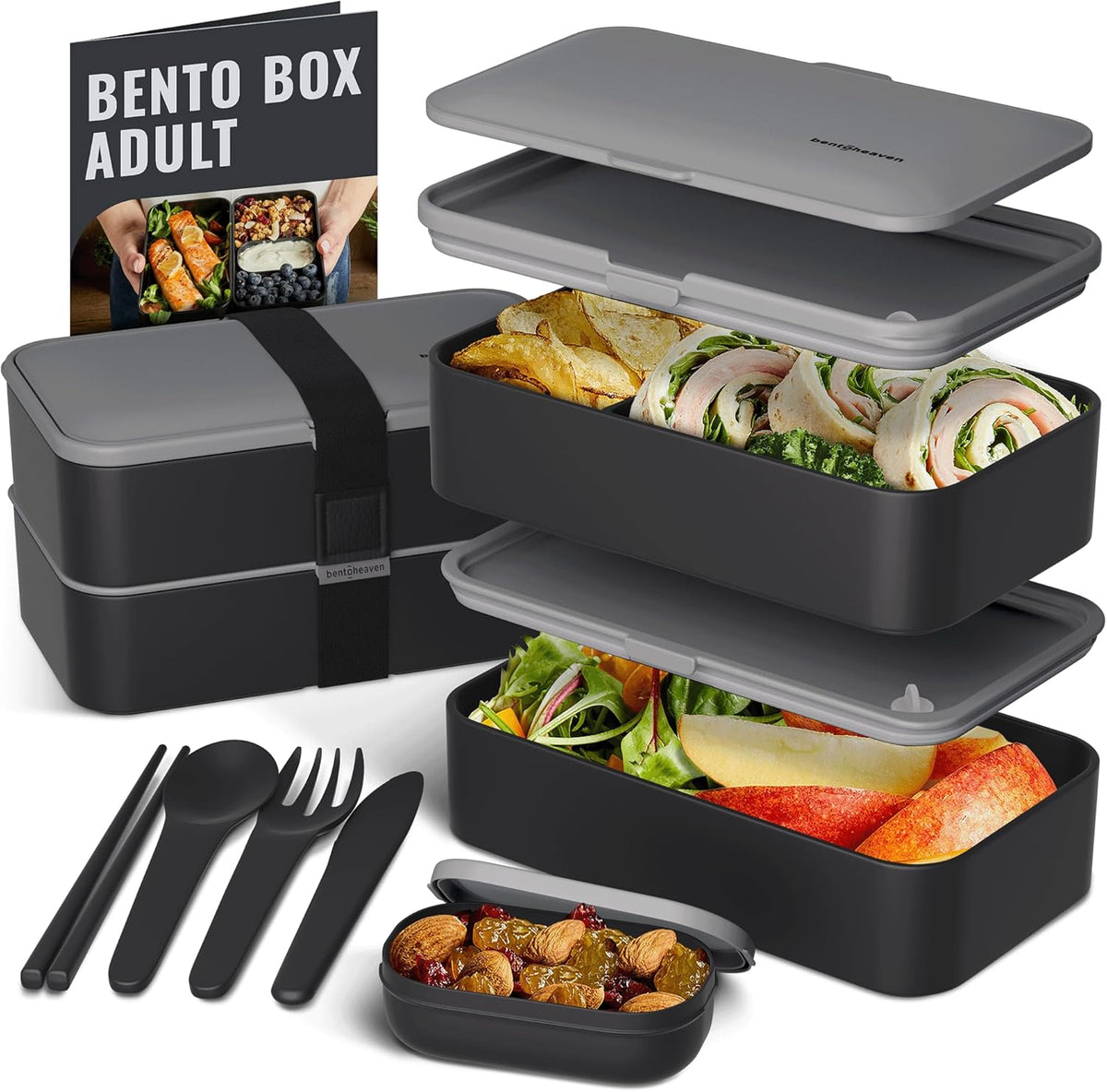 Bentoheaven Premium Bento Box Adult Lunch Box with Compartments for Women & Men, Set of Utensil & Chopsticks & Dip Container, Cute Japanese Kids Bento Lunch Box, Microwavable (Whispering Gray)