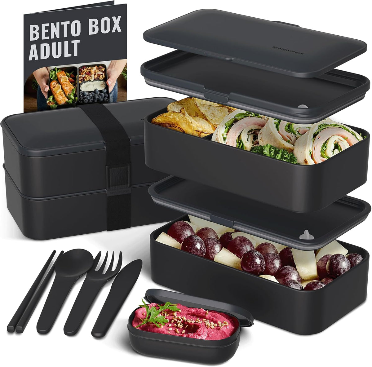 Bentoheaven Premium Bento Box Adult Lunch Box with Compartments for Women & Men, Set of Utensil & Chopsticks & Dip Container, Cute Japanese Kids Bento Lunch Box, Microwavable (Outer Space)