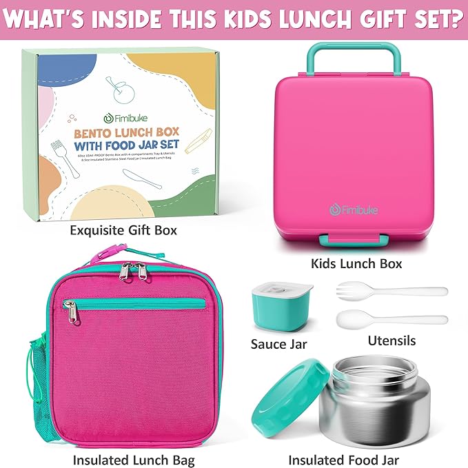 Fimibuke Bento lunch Box Set for Kids Adult with 8oz Insulated Food Jar, Lunch Bag & Sauce Cup, Leakproof Dishwasher Safe Toddler Lunch Food Container with 3-4 Compartment for School Girls Boys