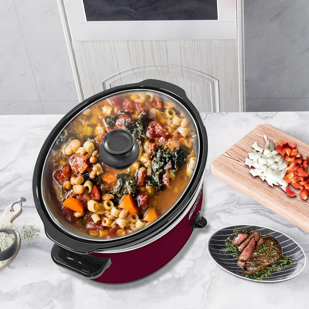 HOMECOOKIN 8 Quart Slow Cooker Oval Manual Pot Food Warmer with 3 Cooking Settings, Red Stainless Steel