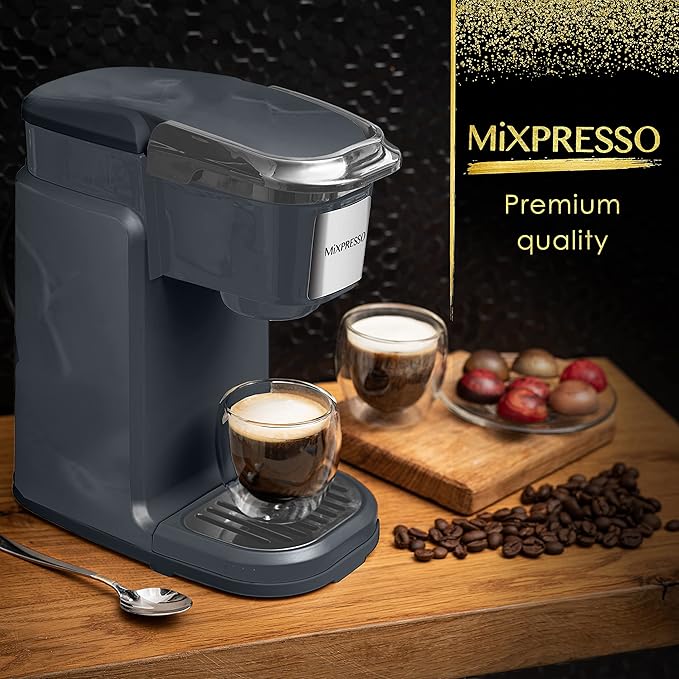 Mixpresso Single Cup Coffee Brewer - Quick Brew, One Touch Function, 12oz One Cup Grey Coffee Maker