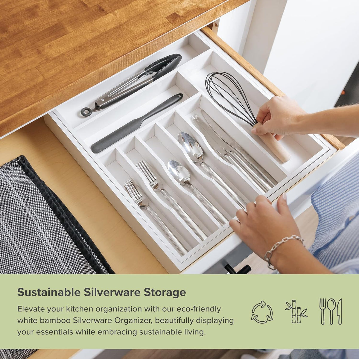 KitchenEdge Premium Silverware, Flatware and Utensil Organizer for Kitchen Drawers, Food-Safe Contract Grade, Expandable from 16 to 28 In, White Bamboo