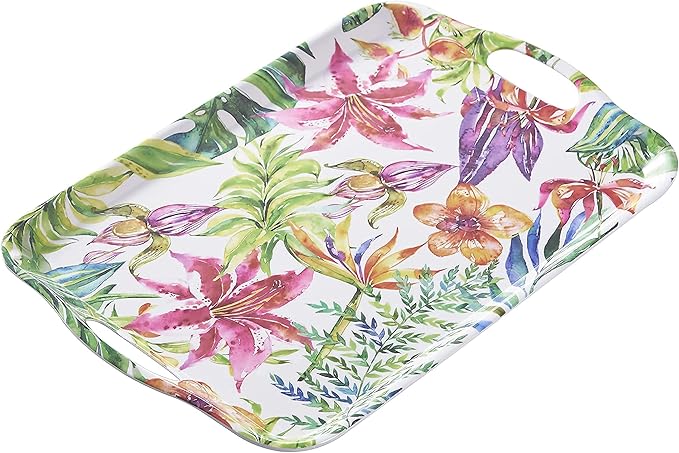 Blue Boat 16.5" x 11.5" Rectangular Serving Trays Set of 2 Floral, Light Weight Easy to Clean Sturdy Stackable Melamine Serving Tray with Handle, Fruit, Snacks, and Desserts Trays