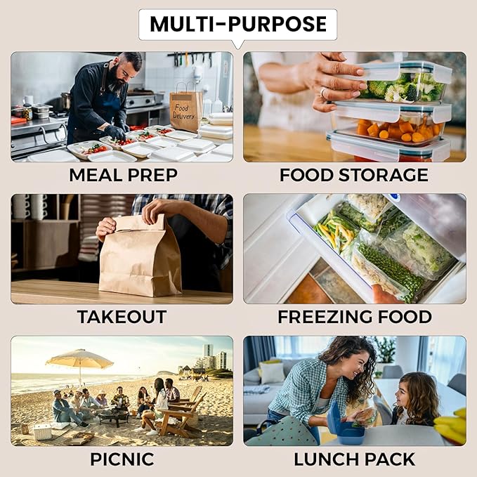 Klex 48 Oz, 50 Sets Meal Prep Containers with Airtight Lids, BPA Free, Reusable Plastic Food Container, 48 oz, Round, Black/Clear, 50 Sets
