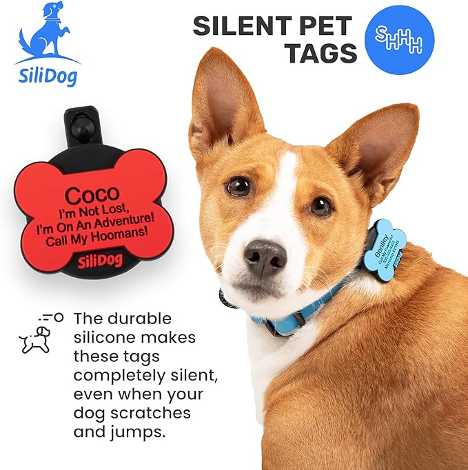 SiliDog AirTag Holder Silent Dog ID Tag – Personalized Engraved Silicone Pet Tag – Durable, Glow-in-The-Dark – Red Bone