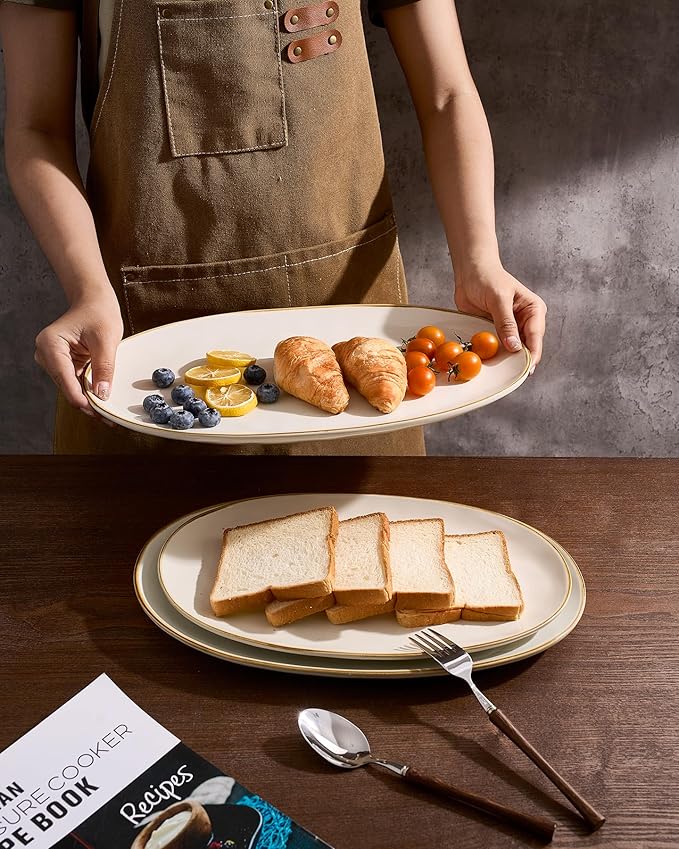 famiware Serving Platter, Oval 15.59/14.3/12.9inch Serving Dishes for Entertaining, Serving Bowls, Microwave Safe, Stoneware Serving Trays for Party, Food, Turkey, Cheese, Ocean Series, Vanilla White