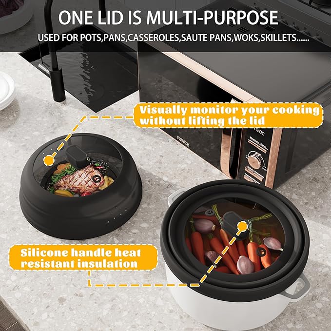 Microwave Splatter Cover, Collapsible Silicone Microwave Plate Cover with Glass for Food Splatter Guard Lid 11.8 inch Black
