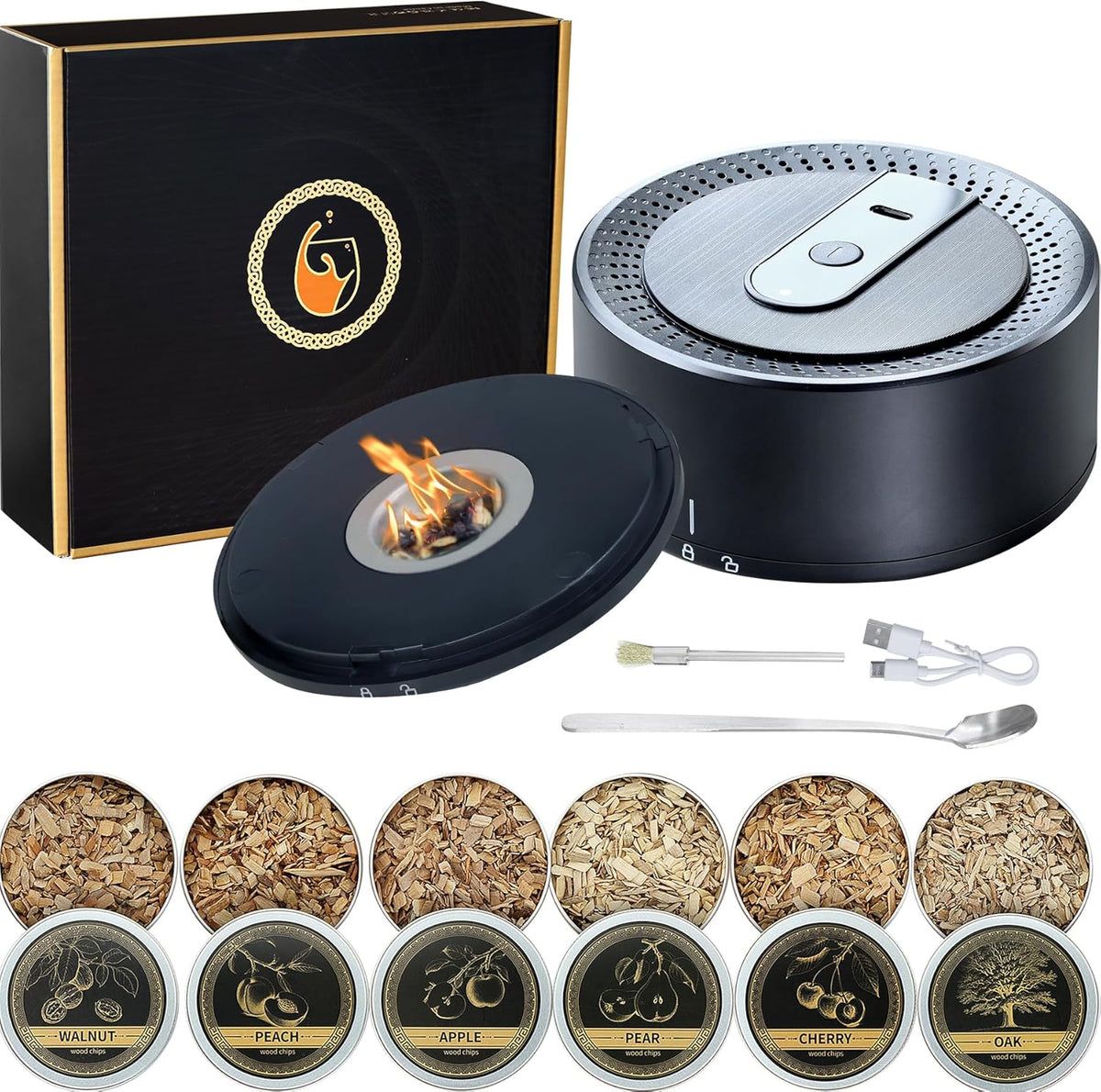 Electric Whiskey Smoker Kit with 6 Wood Chips, Rechargeable Cocktail Smoker Kit Built in Lighter, Old Fashioned Drink Smoker Kit, Bourbon Whiskey Gifts for Men,Dad,Husband.(NO Butane Needed)