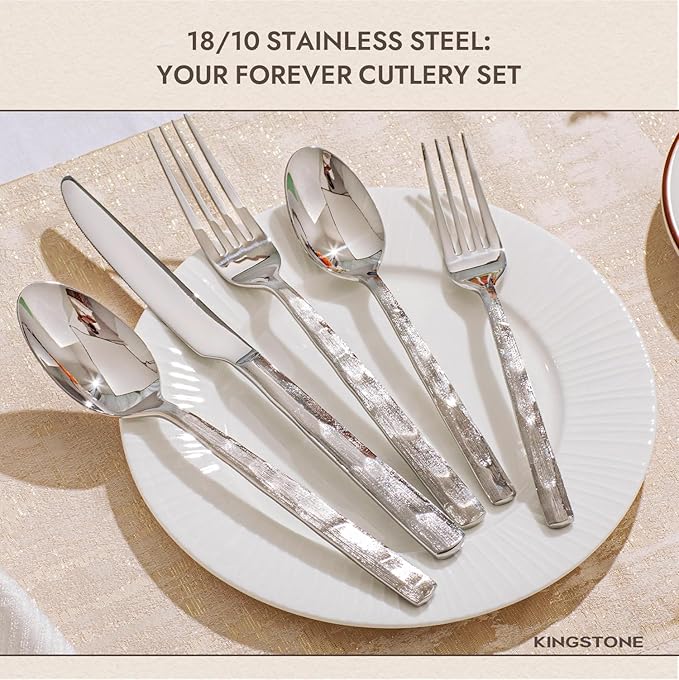 KINGSTONE Silverware Set, 20-Piece 18/10 Stainless Steel Brushed Handle Flatware Cutlery Set, for Kitchen, Home, Party, Wedding Gift, Rust Resistant and Dishwasher Safe