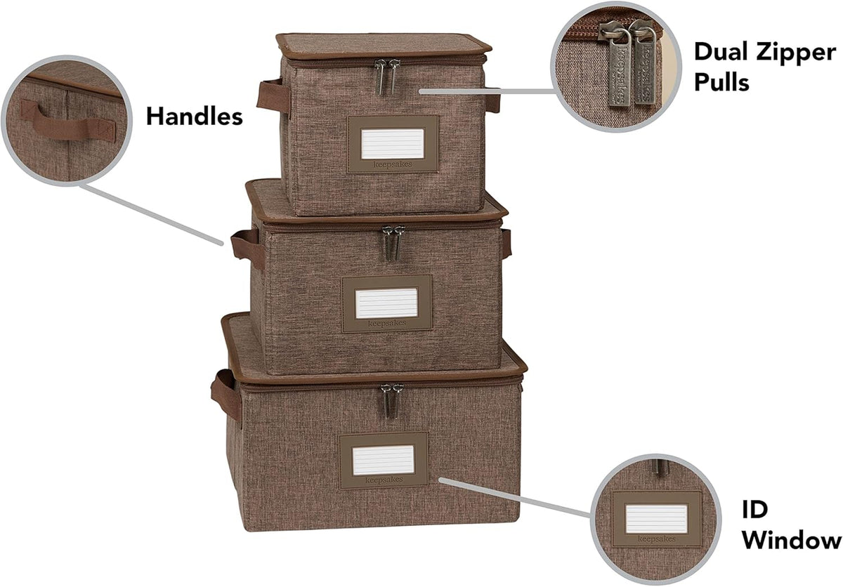 Covermates Keepsakes Dish Storage Box - Stackable, Reinforced Handles, China Storage, Brown Heather