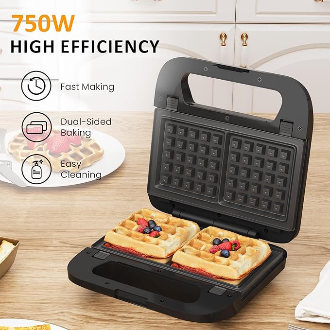 3 in 1 Electric Sandwich Maker, Panini Press Grill and Waffle Iron Set, Grill and Sandwich Press with Removable Non-Stick Plates, Indicator Lights & Cool Touch Handle, 750W, Black
