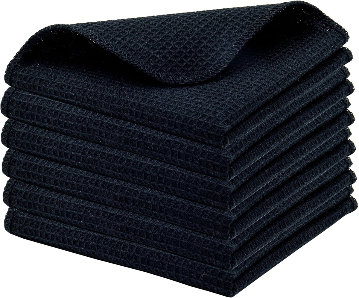 PurpleEssences Dish Cloths and Dish Rags - 6 Pack Waffle Weave Solid Kitchen Dish Wash Cloths, 100% Cotton, 12 x 12 Inches, Ultra Soft Absorbent Quick Drying - Spring Summer - Black