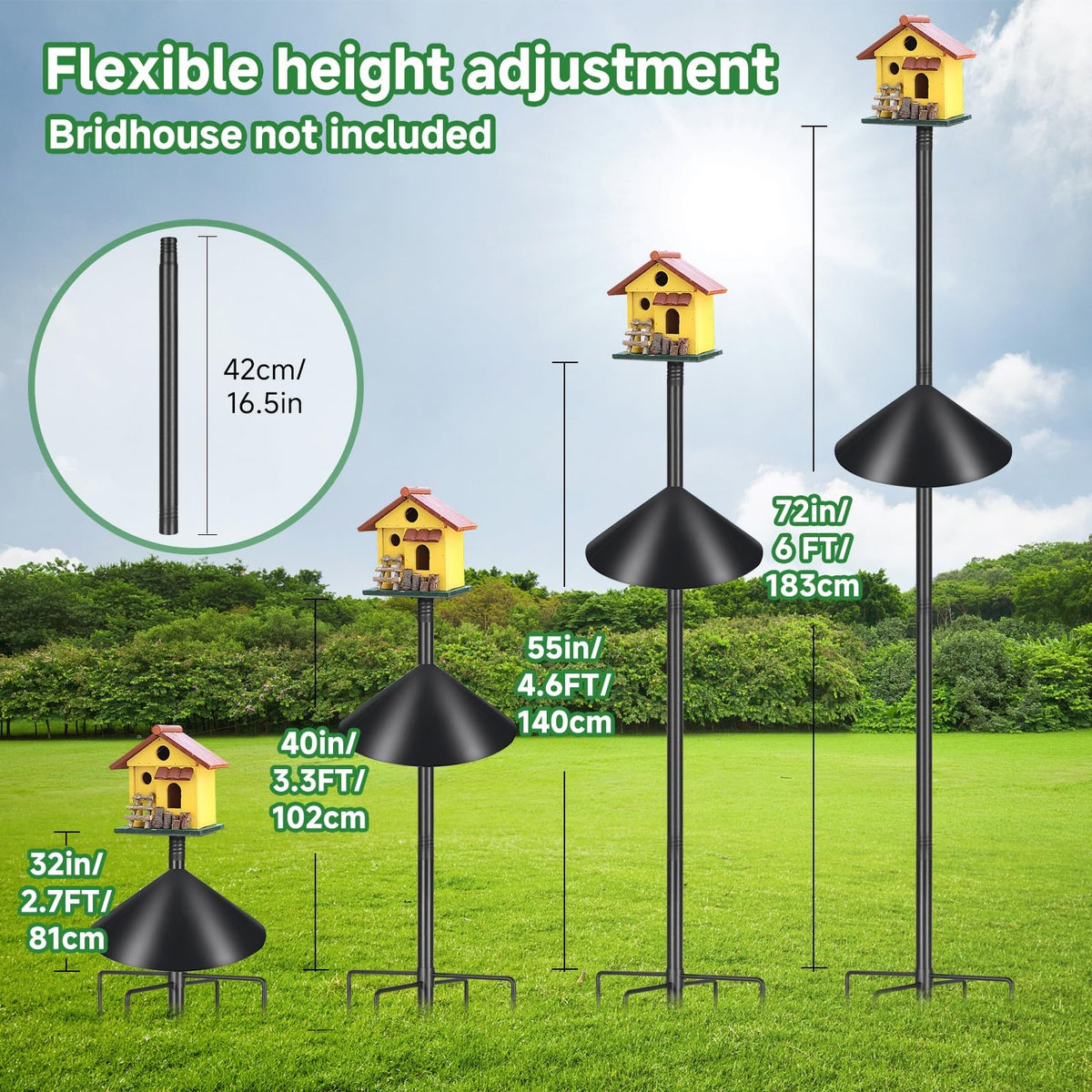 Proerr Smart Bird Feeder Pole Stand 79In,Adjustable Height Metal Bird House Pole for Outdoor Garden with Multiple Mounting Options Round Squirrel Baffle High 79in (79'' Pole&Baffle)