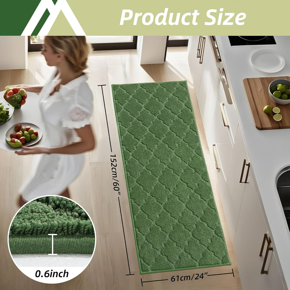 COSY HOMEER-Kitchen-Rugs-Non-Slip-Washable 24"x60" Absorbent Kitchen Runner Rug Polyester Kitchen Mats for Floor Soft Standing Floor Mats for Sink Mat,Hallway,Laundry,Green