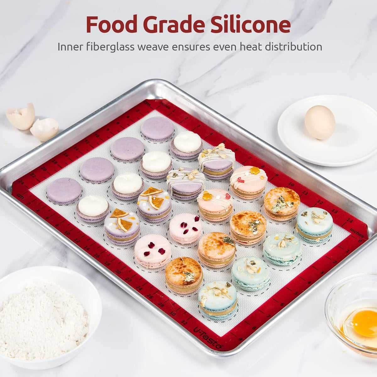 446ºF Heat Resistant Macaron Mat: U-Taste 14.17x9.44in Non Stick Silicone Baking Mat, Reusable Cookies Pastry Sheet Liner with Edge Enhancement & Circle Measurement for Cake Pan (Red)