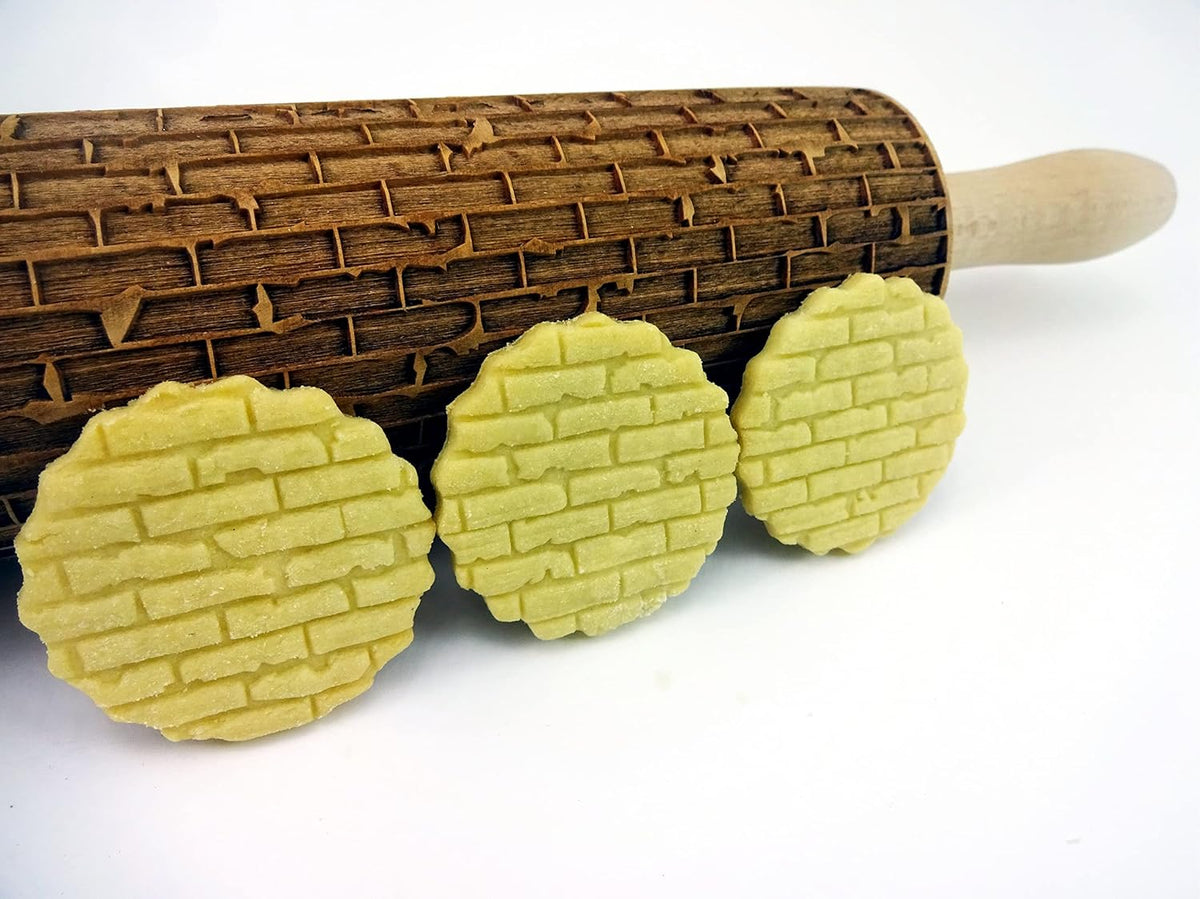 BRICKS Embossing Rolling Pin. Laser Engraved Dough Roller with Wall Pattern for Embossed Cookies or Pottery by Algis Crafts