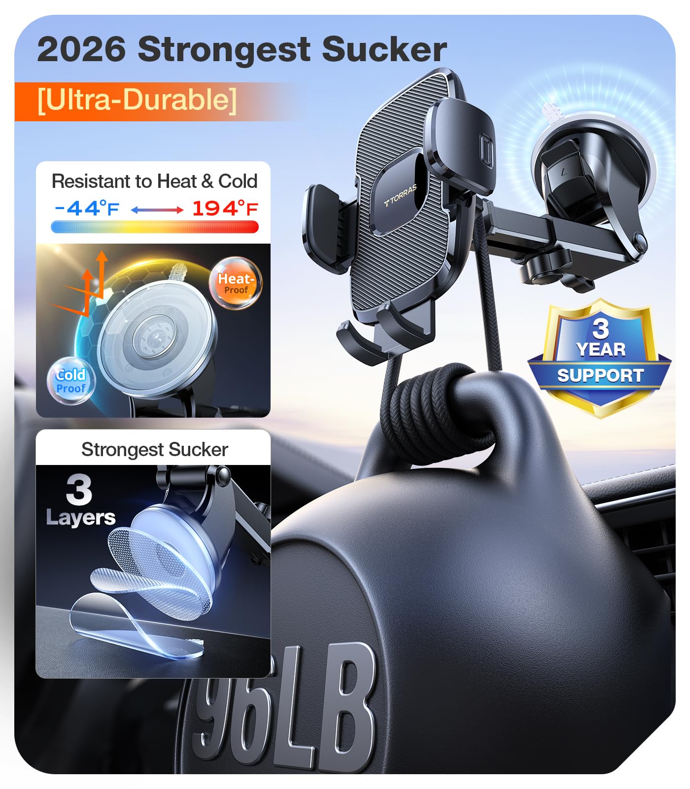 TORRAS Ultra-Durable Phone Holders for Your Car【96+LBS Strongest Suction】 Car Phone Holder Mount, Safety Certs Cell Phone Car Mount Truck for Dashboard Windshield Vent for iPhone 17 16 15 14 Pro Max