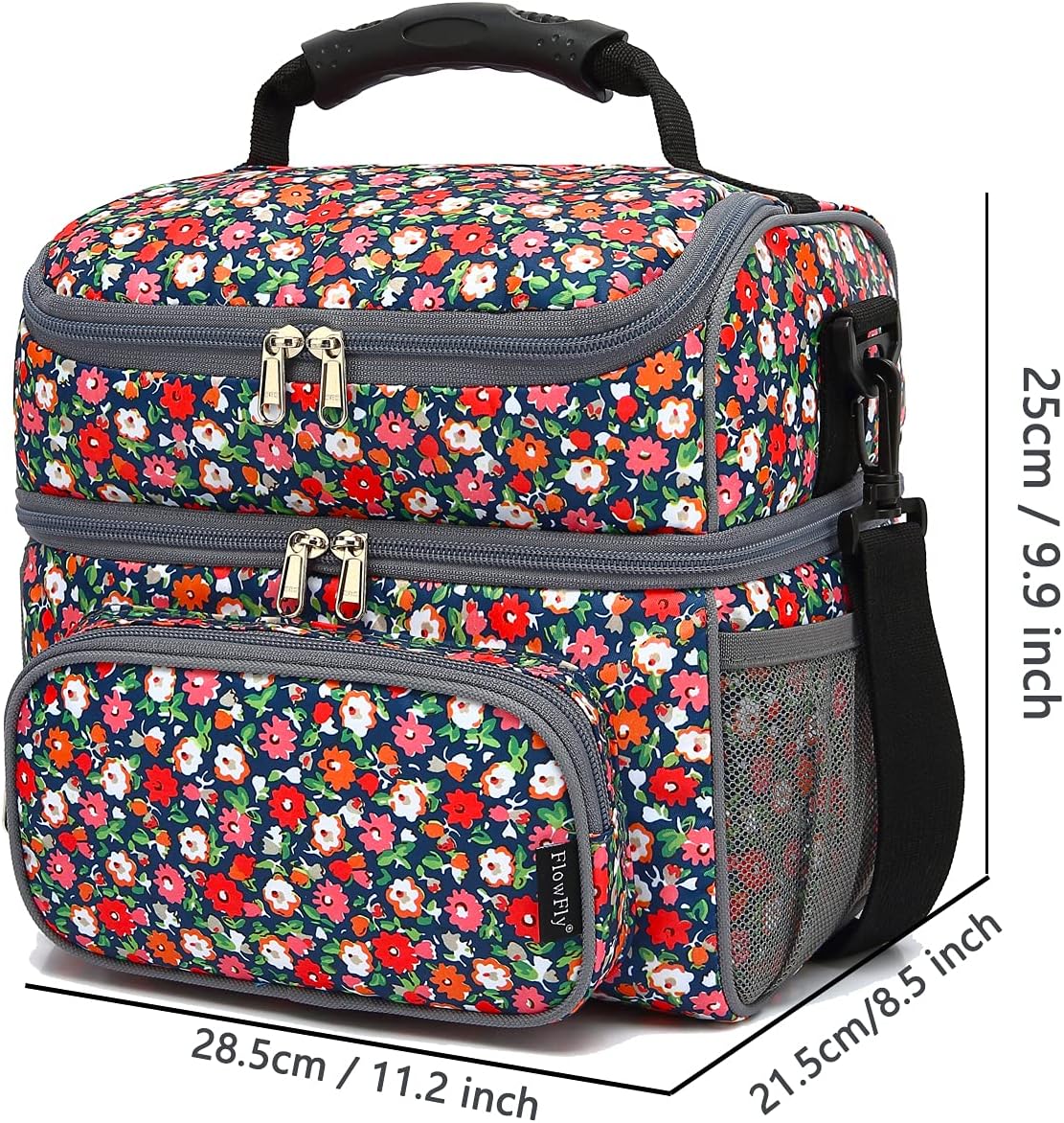 FlowFly Double Layer Cooler Insulated Lunch Bag Adult Lunch Box Large Tote Bag for Men, Women, With Adjustable Strap,Front Pocket and Dual Large Mesh Side Pockets