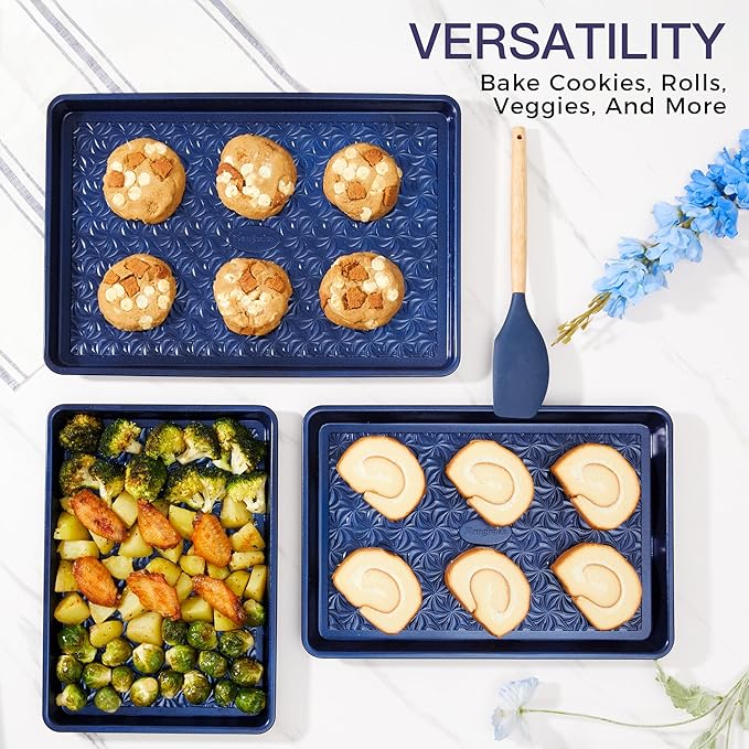 HONGBAKE Nonstick Baking Sheet Pan Set of 3, Cookie Sheets for Oven, Non-Toxic Half/Quarter/Jelly Roll Pans with Floral Swirl Texture, Heavy Duty 0.8mm Thick Oven Trays for Cooking, Blue