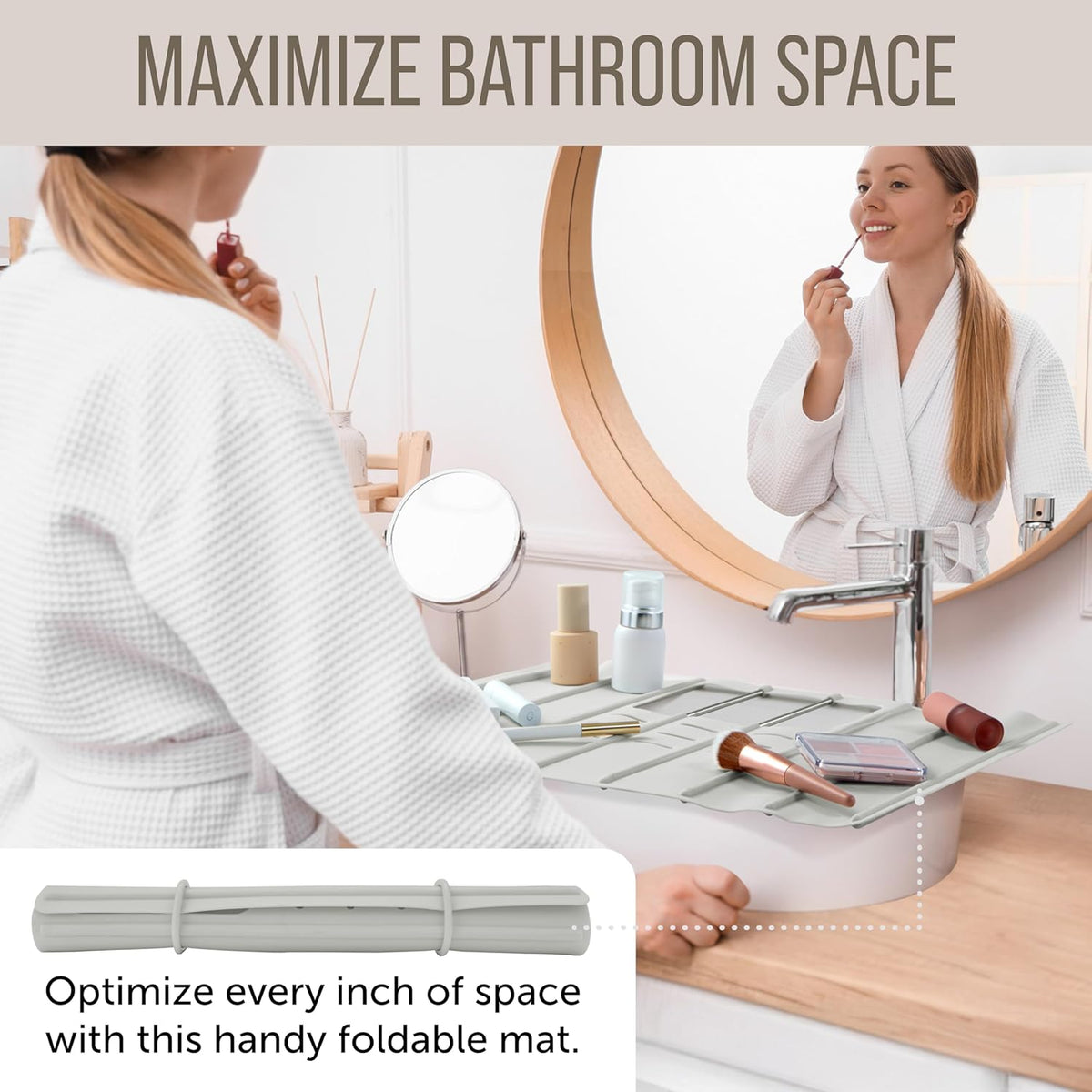 Maplefield Travel Size Bathroom Sink Cover for Counter Space - Foldable Silicone Sink Mat for Beauty Routine, Ideal for Small Bathroom, RVs, Camper Vans (Taupe Small, 19.5 x 15.5 x 1.6 Inches)