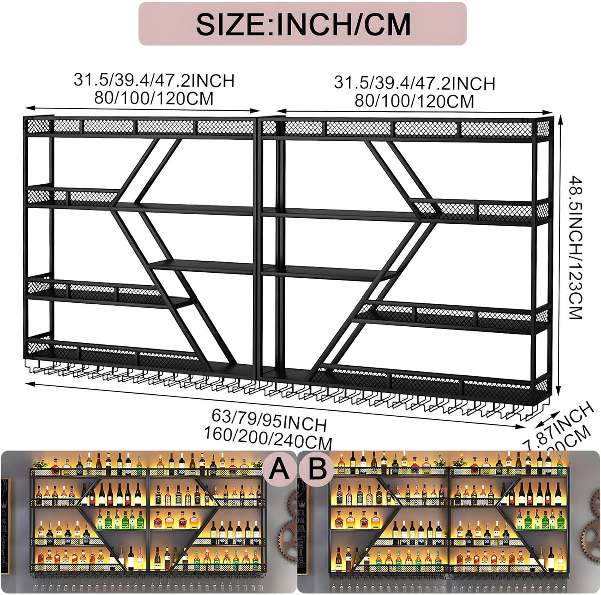 79inch Metal Wine Rack Wall Mounted, Modern Wine Storage Rack Wall Mounted with Wine Glass Holder, Liquor Shelf, Bar Shelves for Liquor Bottles (4 Tiers Black, 79 * 7.87 * 48.5INCH)