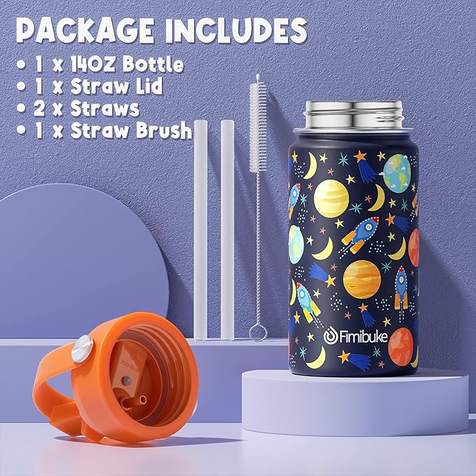 Fimibuke Kids Insulated Water Bottle, 14oz BPA FREE 18/8 Stainless Steel Travel Tumbler Double Wall Vacuum Leak Proof Kids Cups with Straw Metal Water Bottles for School Boys Girls (1 Pack, Trucks)