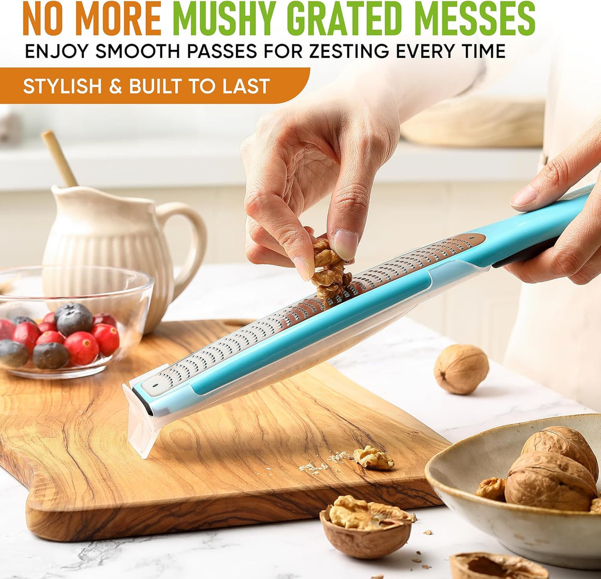 Spring Chef Premium Lemon Zester Grater with Handle - Fruits, Garlic, Chocolate, Nutmeg, Ginger Grater - Heavy Duty Kitchen Tool - Stainless Steel Citrus Zester with Blade Cover - Fine Shred, Aqua Sky
