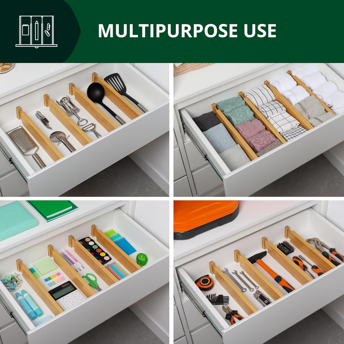 Drawer Divider and Organizer for Kitchen Organization - Adjustable Bamboo Drawer Dividers Organizers (17 - 22") - 4-Pack Expandable Drawer Organization Separators for Kitchen, Bedroom & More, Natural