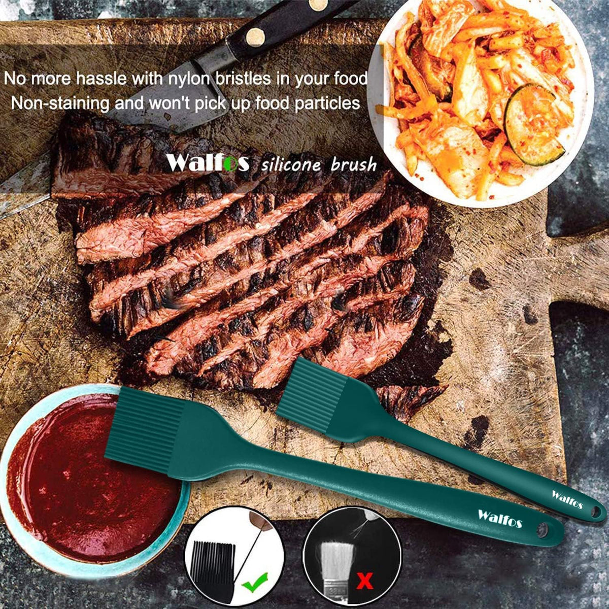 Walfos Silicone Basting Pastry Brush, 2 Size Pastry Brush Set, Perfect for BBQ Grill Kitchen Cooking, BPA Free and Dishwasher Safe, 2 Pcs (Ink Green)