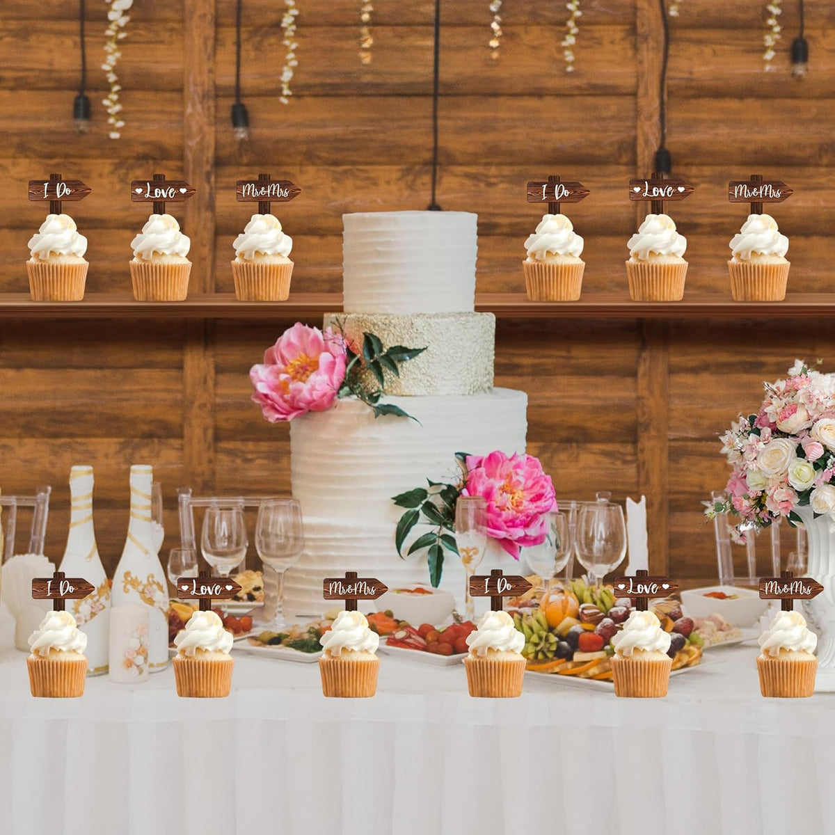 12 PCS Wedding Cupcake Toppers in Wood Rustic Wedding Cake Decoration