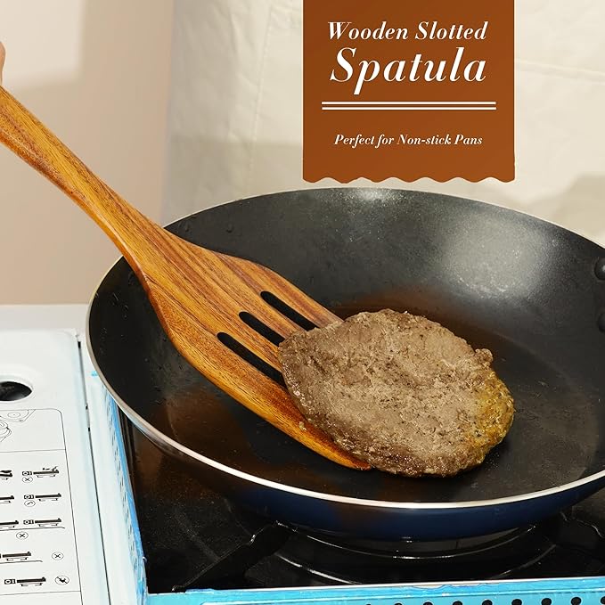 FJNATINH Wooden Slotted Spatula for Cooking, Nonstick Teak Slotted Turner, Flat Wooden Kitchen Cooking Spatula Turner for Frying Flipping Kitchen Utensil Pancake