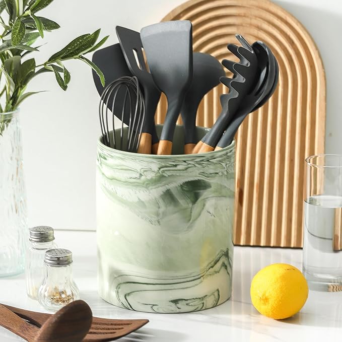 7.2 inch Large Utensil Holder for Kitchen Counter, Marble Utensil Crock Spatula Holder for Countertop Cooking Tools Storage Caddy Farmhouse Kitchen Decor (Marble-Green)