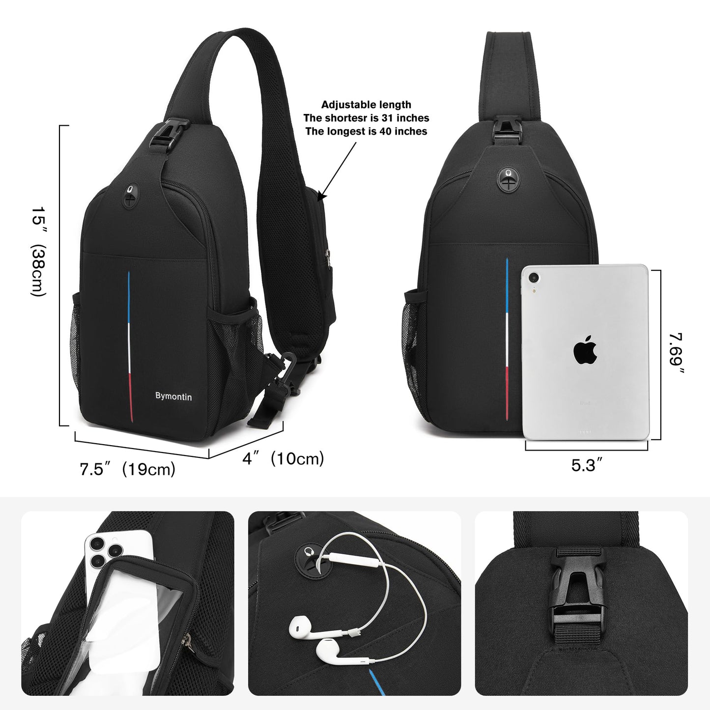 Bymontin Crossbody Sling Backpack with Touch Screen Phone Pocket, Chest Bag for Commuting and Daily Use