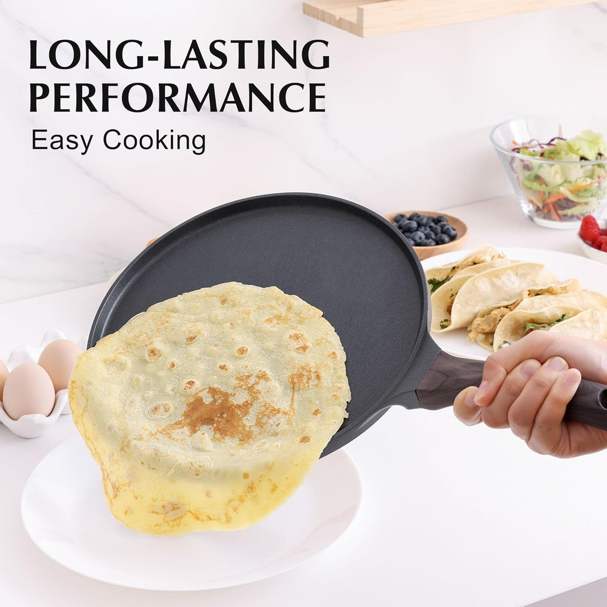 SENSARTE Nonstick Crepe Pan, Swiss Granite Coating Dosa Pan Pancake Flat Skillet Tawa Griddle 10-Inch with Stay-Cool Handle, Induction Compatible (Black)