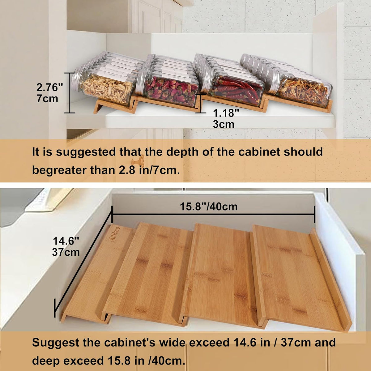Spice Drawer Organizer with 28 Spice Jars,216 Labels,25 Non-slip Rubber, Bamboo 4 Tier Seasoning Rack Tray Insert for Kitchen Drawers,Cabinets,Countertop,14.6" Wide x 15.8" Deep