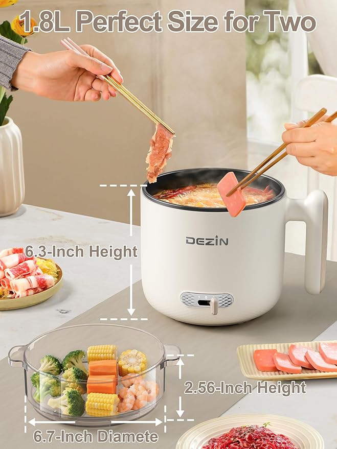 Dezin Electric Pot with Steamer, 1.8L Dual Power Ramen Cooker, Portable Non-Stick Hot Pot Electric for Soup, Pasta, Egg, Oatmeal, Overheat & Boil-Dry Protection, Ideal for Dorm, Office(Beige)
