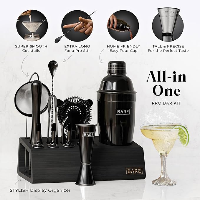BARE BARREL® Mixology Bartender Kit Bar Set | 14-Piece Cocktail Shaker Set | Martini Barware Mixing Tools for Home Bartending | Incl. 35 Recipe Cards | Gift Set (24oz Cobbler Shaker, Jet Black/Black)