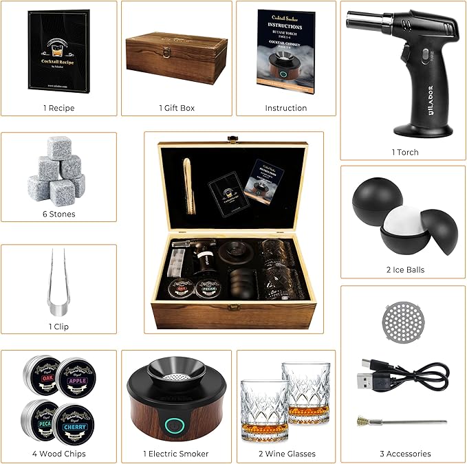 Electric Whiskey Smoker Kit, Luxurious Wooden Box, with 4 Wood Chips, Torch, Ice Molds, 2 Glasses, Stones, Old Fashioned Bourbon Cocktail Smoker Infuser Kit, Whiskey Gifts for Men, Husband (No Butane)