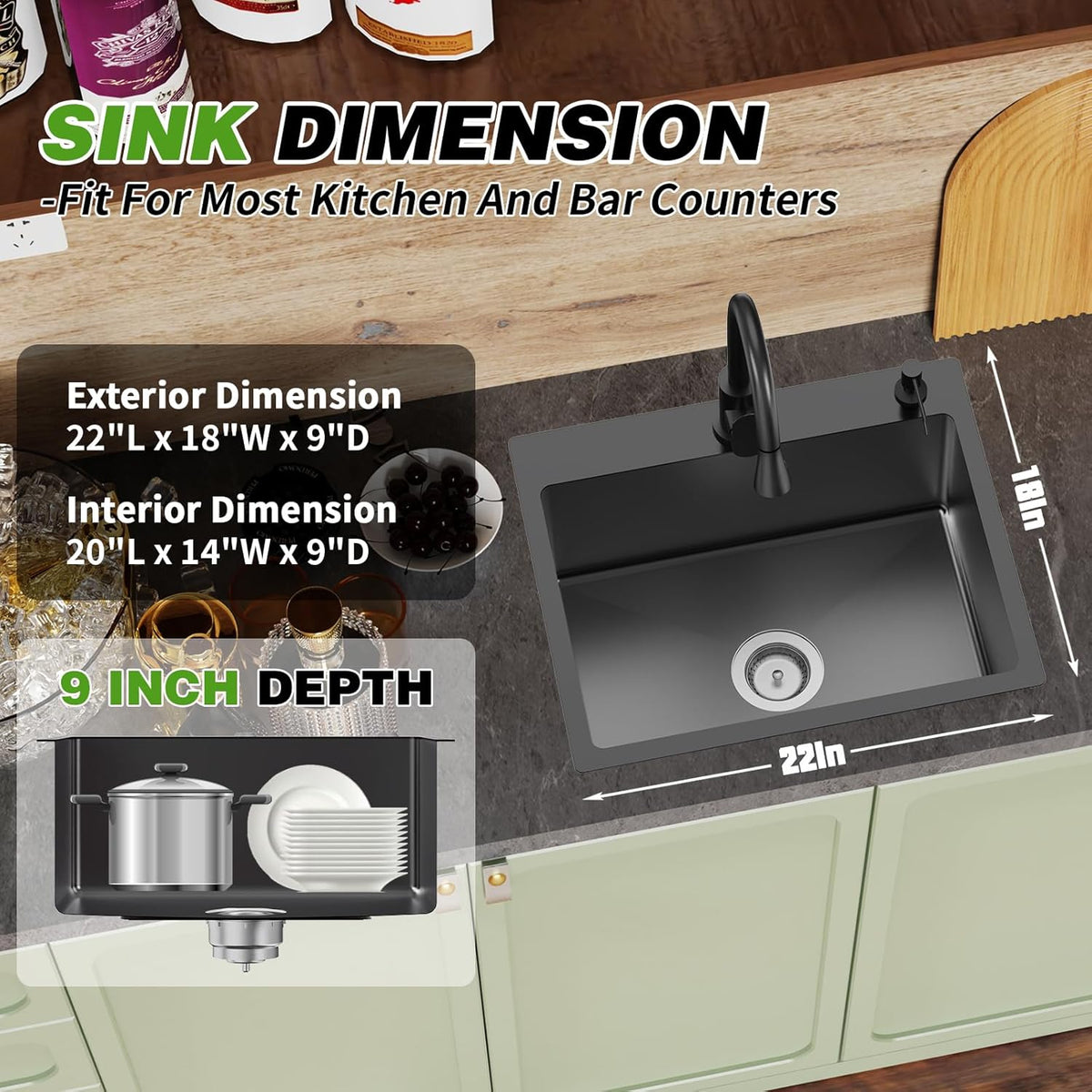 Black Kitchen And Bar Sink, 22x18 Inch Stainless Steel Drop In Kitchen Sink Modern Single Bowl Topmount Bar Sink Combo-Silicon Mat,Drain Strainer Set Compatibility With Various Kitchen & Bar Style