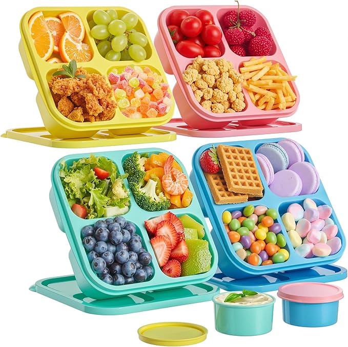 Canfanni 4 Pcs Snack Box Containers Set, Reusable 4 Compartment Lunchable Container with 2Pcs Sauce Containers, Stackable BPA-Free Bento Box for School, Work, Travel (4 Color)