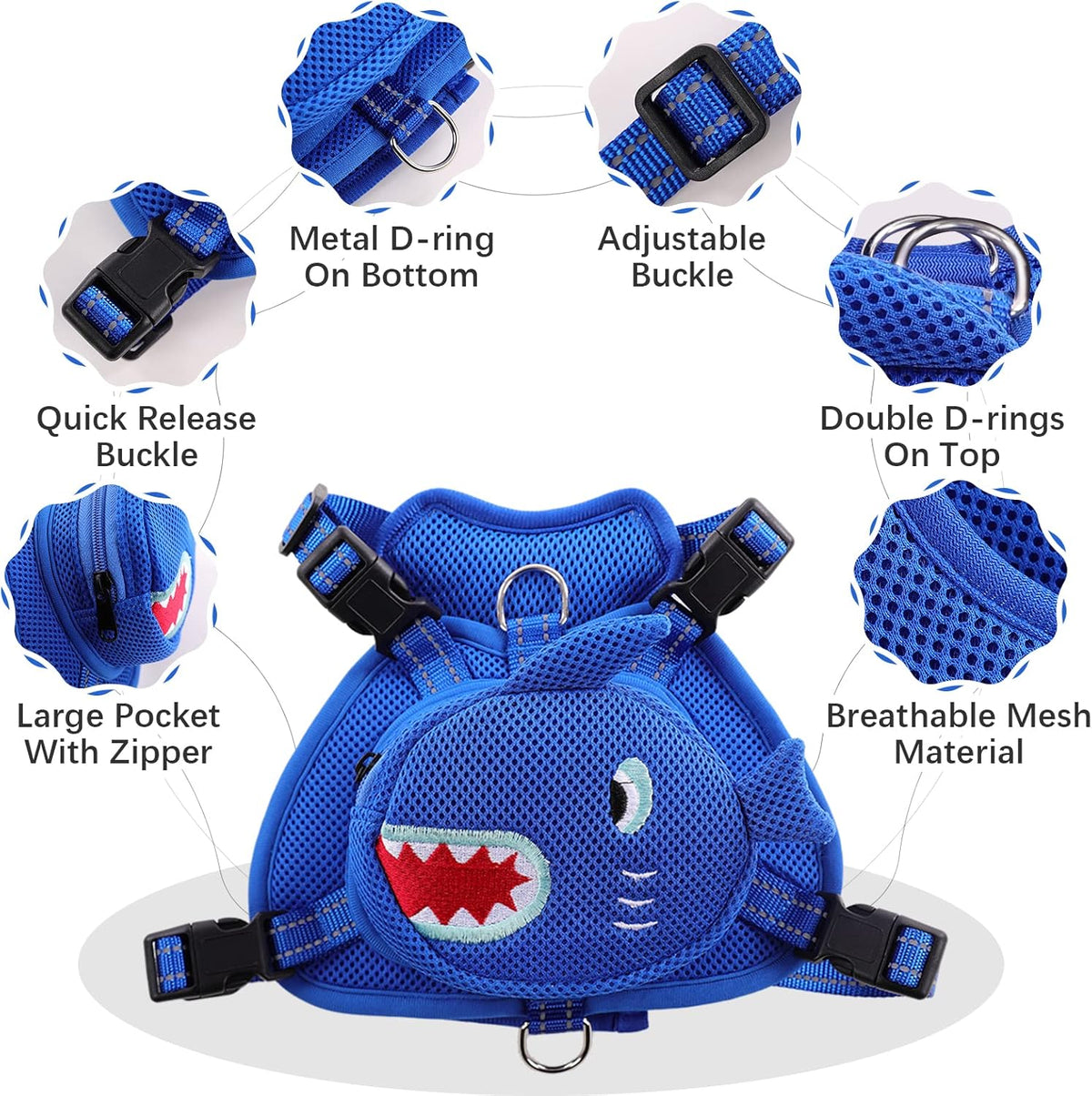 IDOMIK Dog Backpack Harness, No-Pull Dog Backpack with D-Ring for Small Medium Dogs, Cute Self Carrier Backpack for Dogs to Wear, Adjustable Dog Harness Backpack for Traveling Camping Hiking,Shark,M