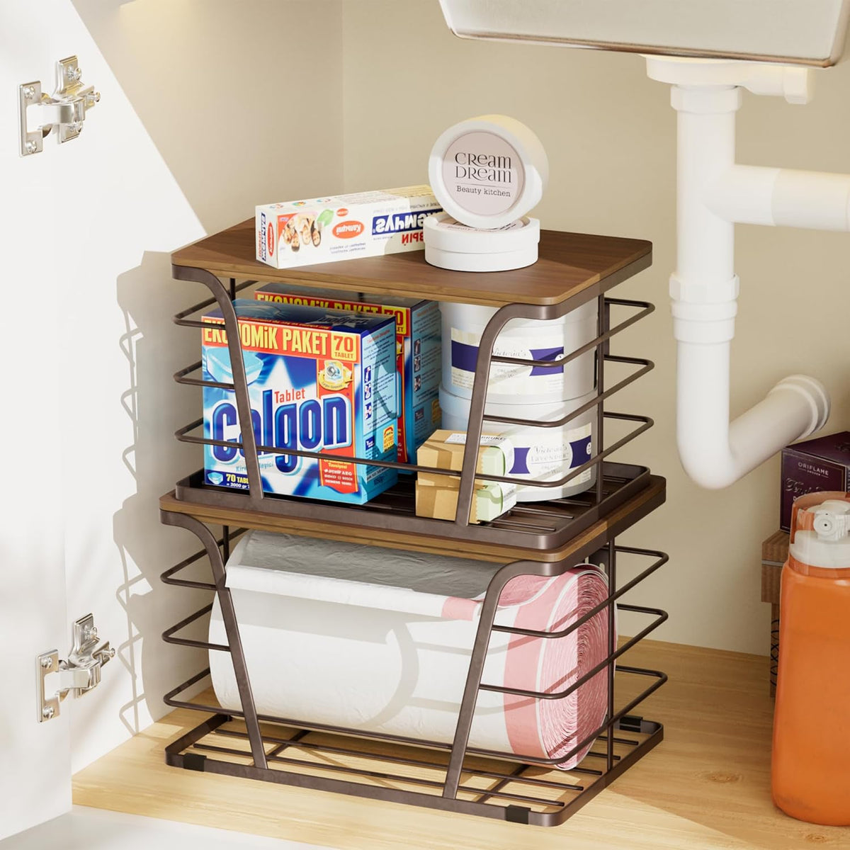 Extra Large 2 Pack Stackable Storage Pantry Organizers and Storage, Wall Mount Trash Bag Holder with Bamboo Top and Garbage Bag Dispenser, Brown