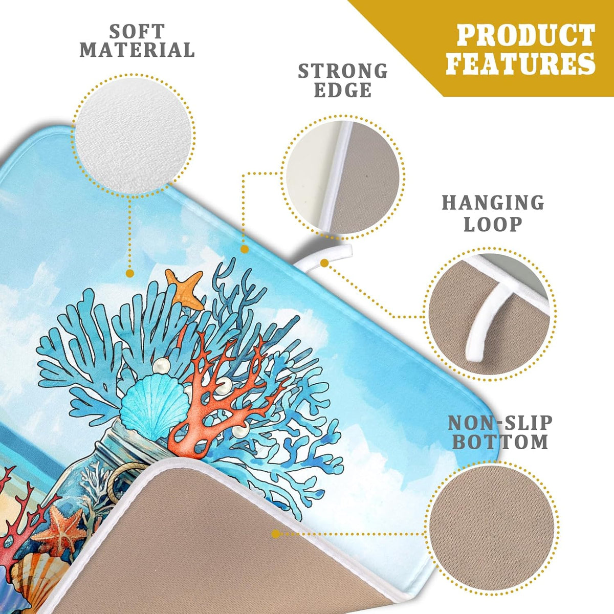 Coastal Coral Dish Drying Mat 16x18 inch Starfish Shell Fast Dry Microfiber Dish Rack Mats Drainer Pad for Countertop Kitchen Table Decor