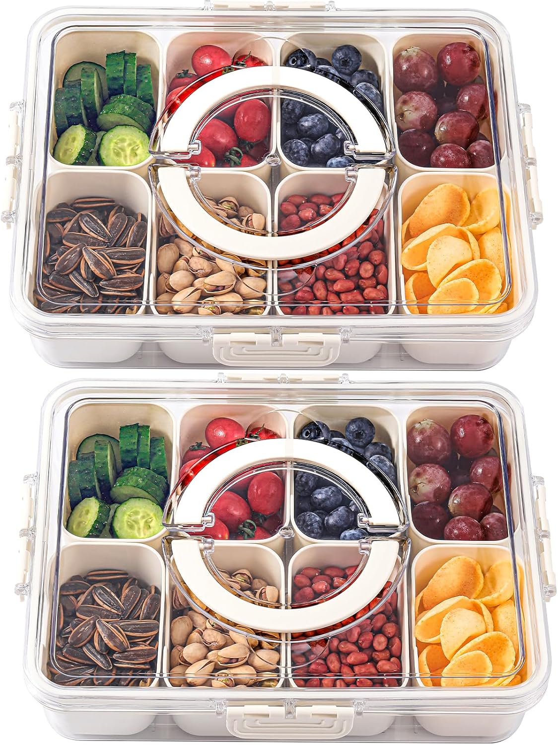 shopwithgreen 2Pcs Divided Serving Tray with Lid and Handle, Portable Snackle Box Snack Containers for Charcuterie, Party, Veggies, Snack, Fruit, Nuts, Candy, Chip, Entertaining, Picnic