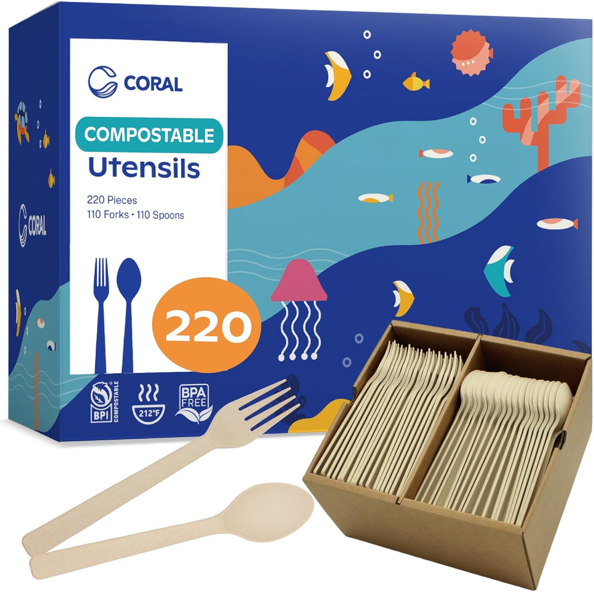 CORAL Light Brown 100% Compostable Spoons & Forks Set - 220 Pieces - No Plastic Utensil 110 Forks, 110 Soup Spoons - Break Resistant with Smooth Edges, Ocean Friendly Alternative to Plastic Silverware