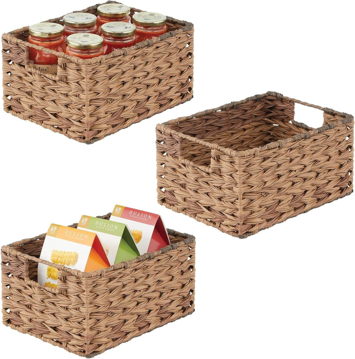 mDesign Woven Farmhouse Kitchen Pantry Food Storage Organizer Basket Bin Box - Container Organization for Cabinets, Cupboards, Shelves, Countertops - Store Potatoes, Onions, Fruit, 3 Pack, Brown Ombre
