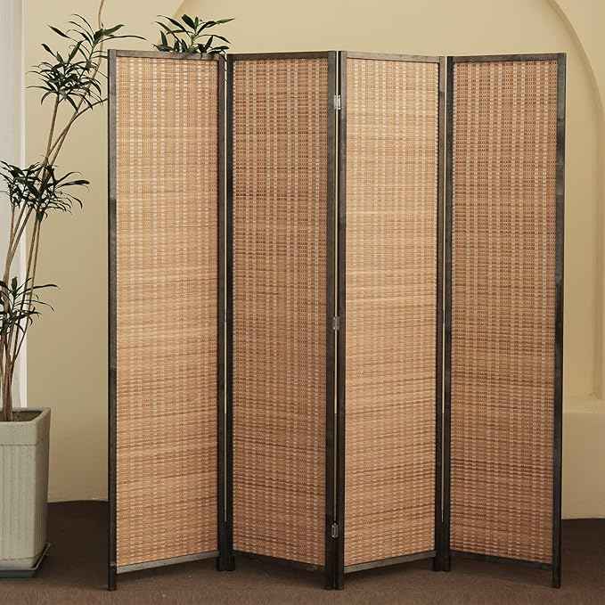 4 Panel Bamboo Room Divider - 5.6 ft Tall Folding Privacy Screen for Room Separation, Natural Brown (67 x 61.4 inches)
