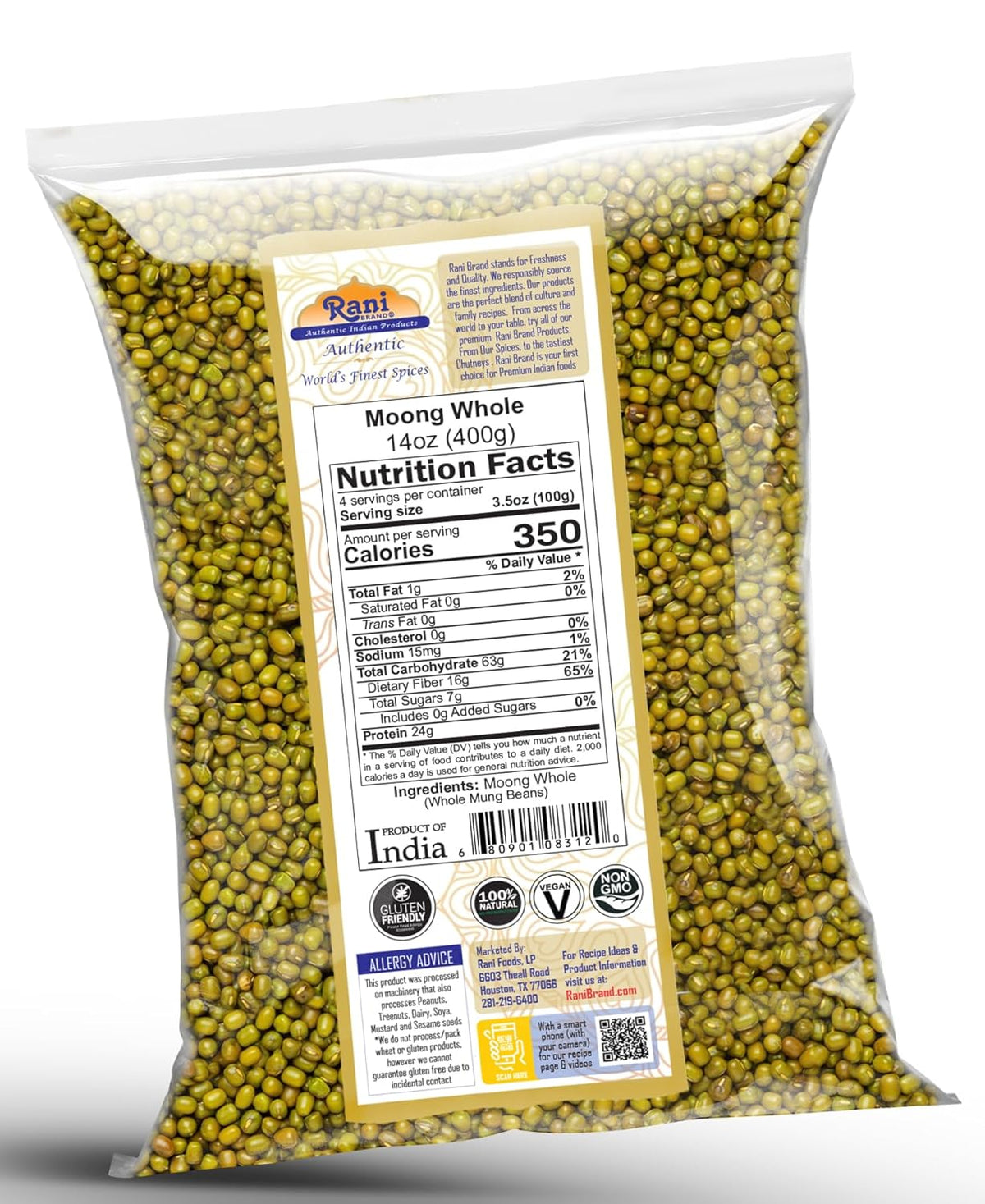 Rani Moong Whole (Ideal for cooking & sprouting, Whole Mung Beans with skin) Lentils Indian 14oz (400g) ~ All Natural | Gluten Friendly | Non-GMO | Kosher | Vegan | Indian Origin