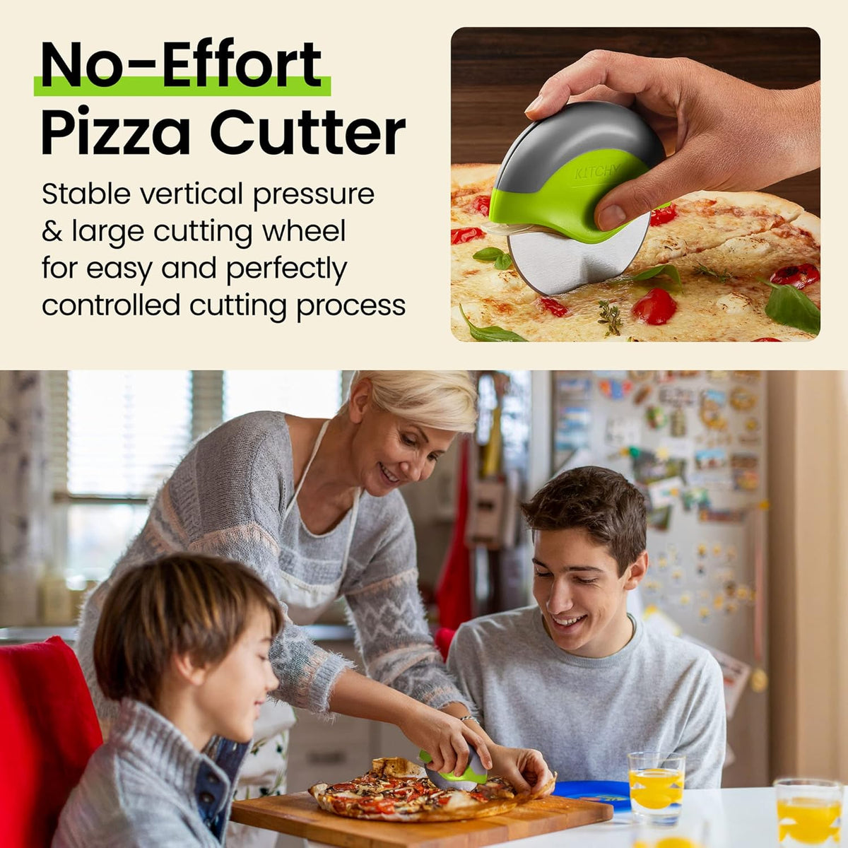Kitchy Pizza Cutter Wheel with Protective Blade Cover, Ergonomic Pizza Slicer (Green)