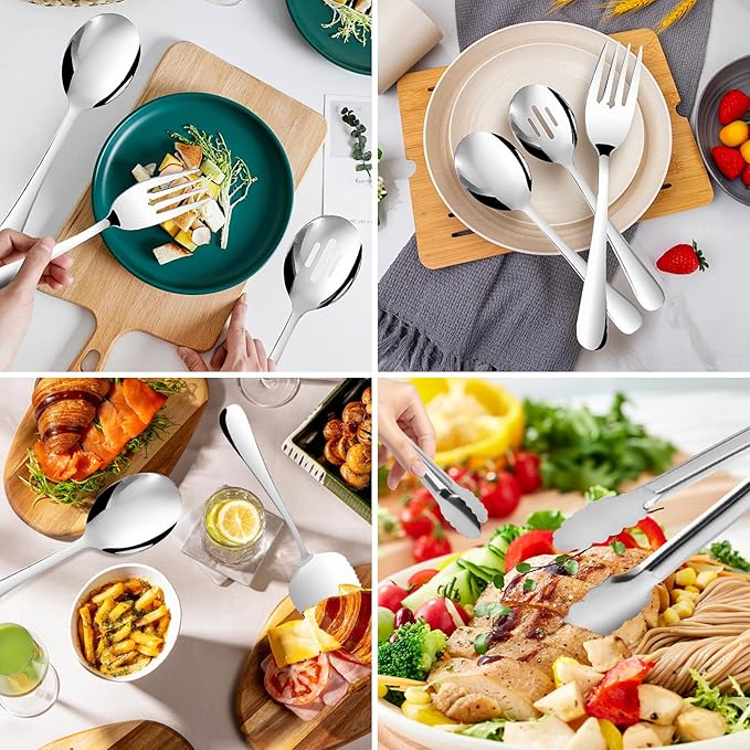 14PCS Serving Utensils - Hostess Serving Utensils Set, Premium Stainless Steel 8.7 inch Serving Utensils, Slotted Spoons, Fork, Tongs, Cake Pie Server for Buffet, Wedding, Dinner (Silver)